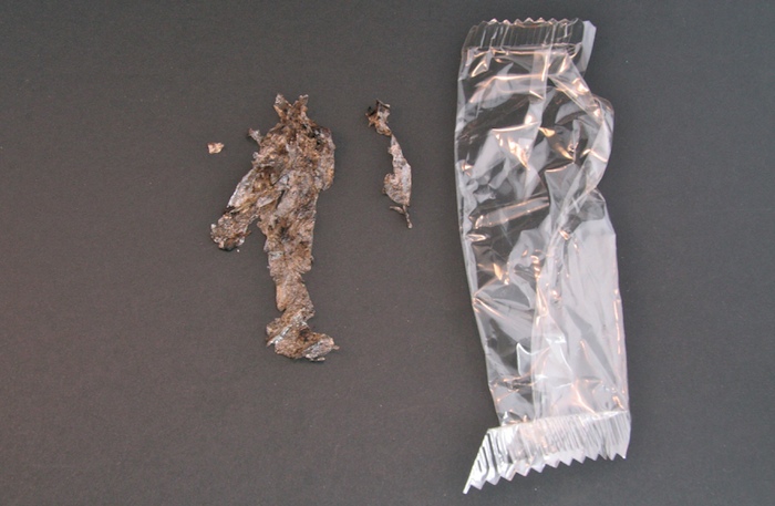 Biobased packaging foil before and after 85 days of composting.